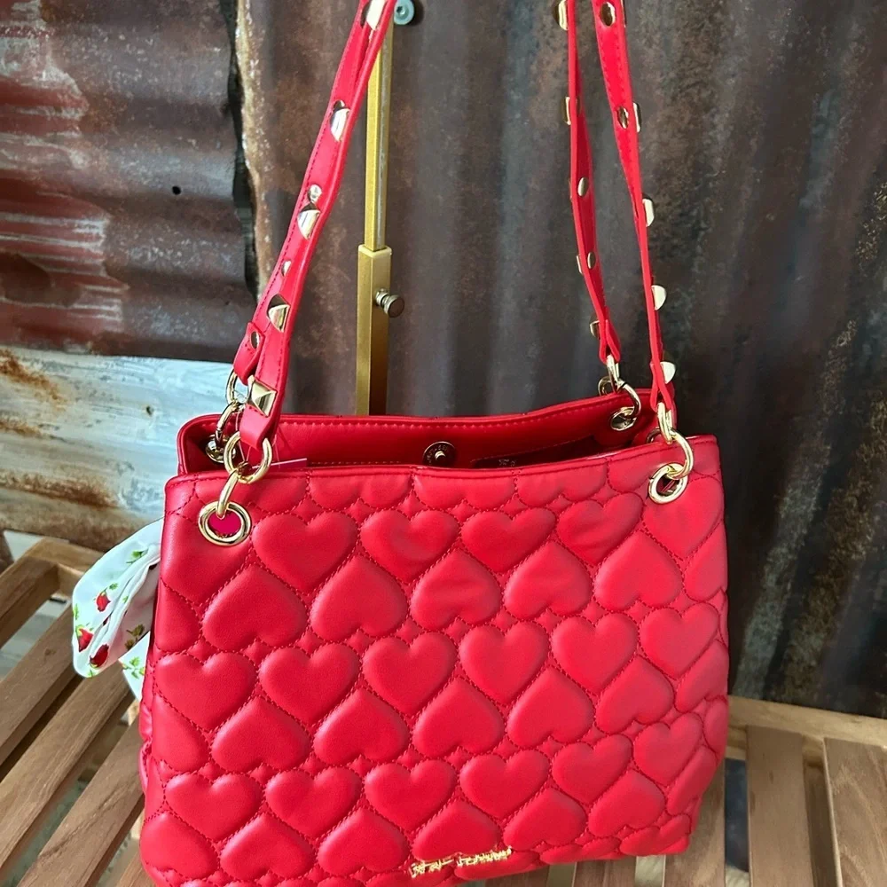 NWT-BESTY JOHNSON Red Quilted Heart Shoulder Bag Studded Straps